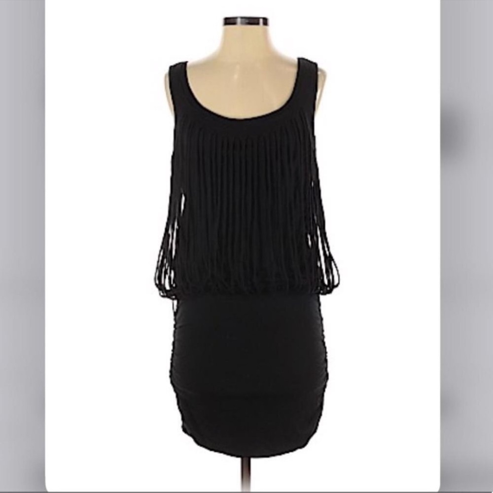 NWT BCBGMaxAzria Women's Sleeveless Black Fringe Banded Stretch Dress Size Large